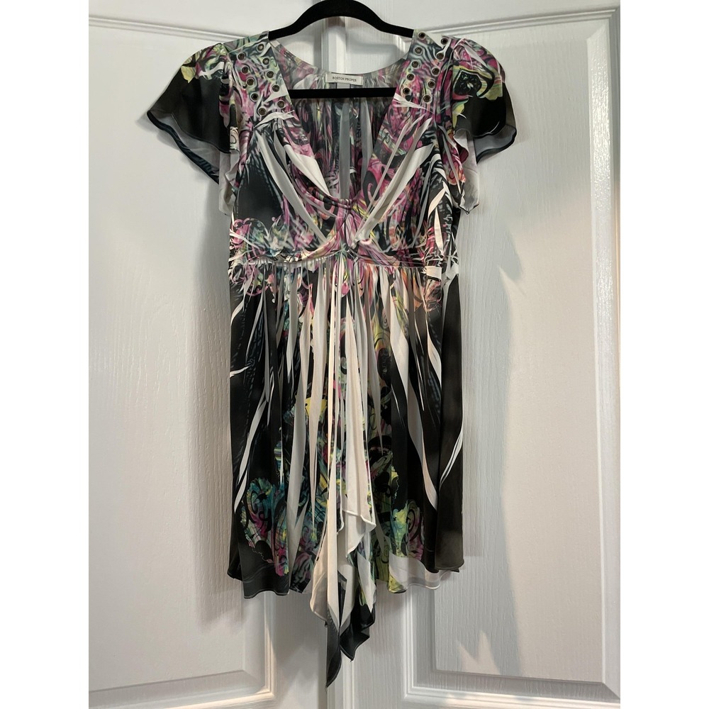 Boston Proper Shirt Womens Medium Black‎ White Multicolor V Neck Tunic Grommet